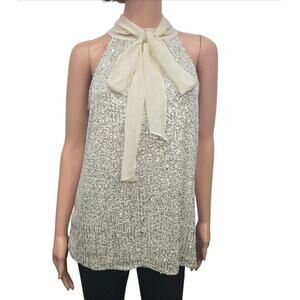 NWT Calvin Klein Sequin Top Blouse Size M Sleeveless Tie Front Halter neck Cream